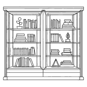 Fesselnde Vitrine mit vielen aufregenden Büchern Ausmalmotiv für wissbegierige Buchliebhaber