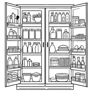 Erfrischender Kühlschrank mit vielen Flaschen und Schüsseln Ausmalvorlage für neugierige kleine Geschmäcker