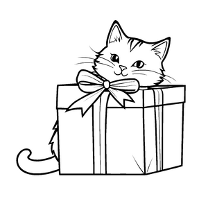 Süße Katze in Geschenkbox mit Schleife Malvorlage für fröhliche Verwandlungskünstler