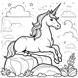 Majestätisches Einhorn auf einem großen Felsen Ausmalmotiv für mutige Traumerfinder