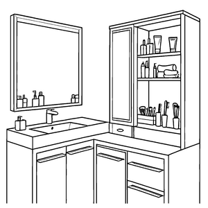 Badezimmer mit Spiegel und Pflegeprodukten Ausmalbild für kreative Köpfe