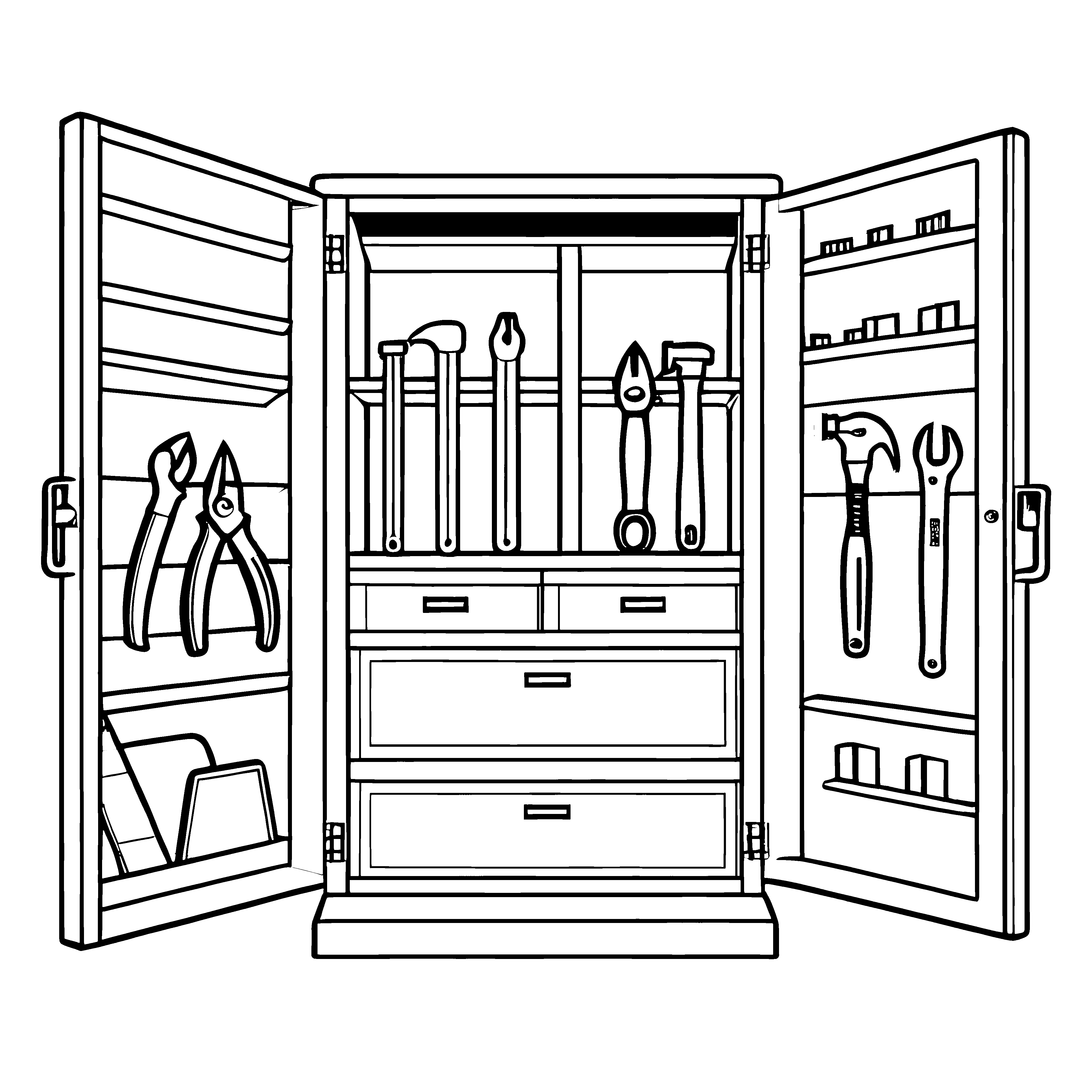 Werkzeugschrank mit verschiedenen Werkzeugen Ausmalbild für kreative Köpfe