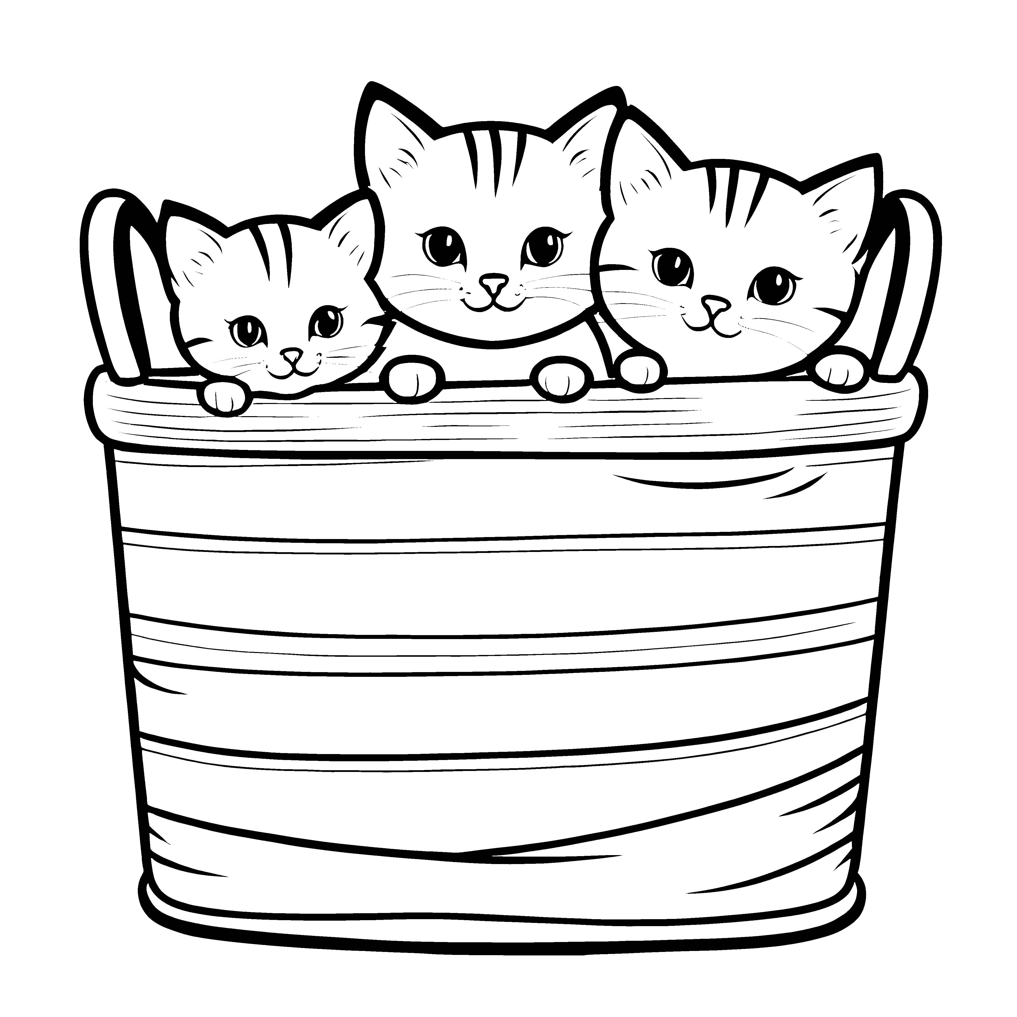 Drei neugierige Katzen im bunten Korb Ausmalbild für kleine Entdecker und kreative Pfotenfans