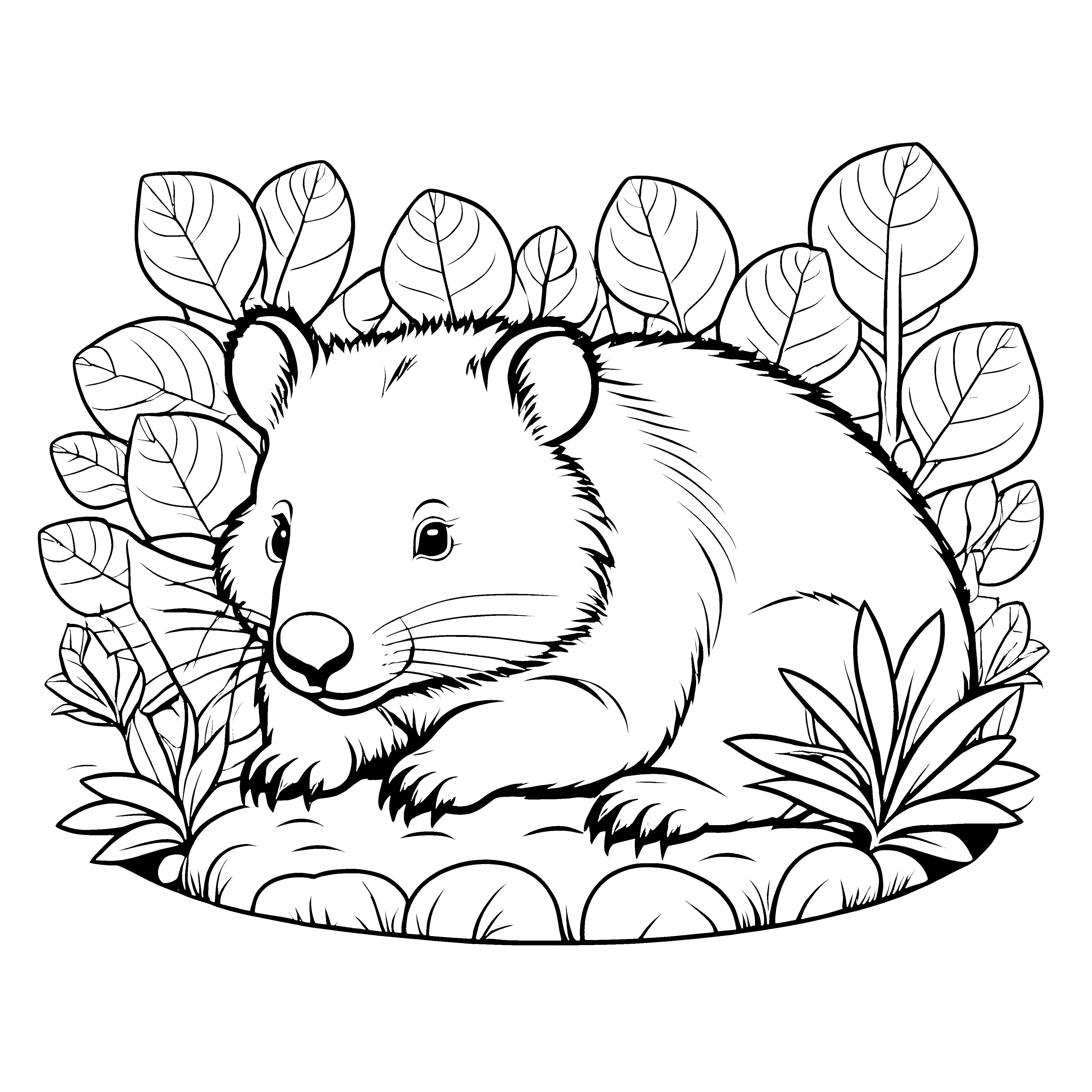 Niedlicher Wombat in sanften Pflanzen Ausmalvorlage für kleine Naturentdecker