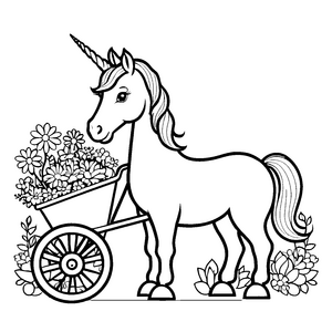 Fantasievolles Einhorn mit blühendem Wagen Ausmalvorlage für kleine Traumerfinder
