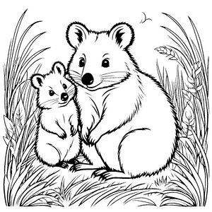 Zwei niedliche Quokka Babys mit ihrer Mama im Gras Ausmalmotiv für kleine Tierliebhaber