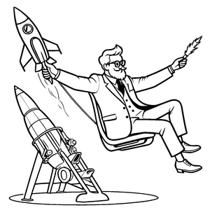 Witziger Wissenschaftler mit Rakete im Sessel Ausmalbild für abenteuerliche Entdecker