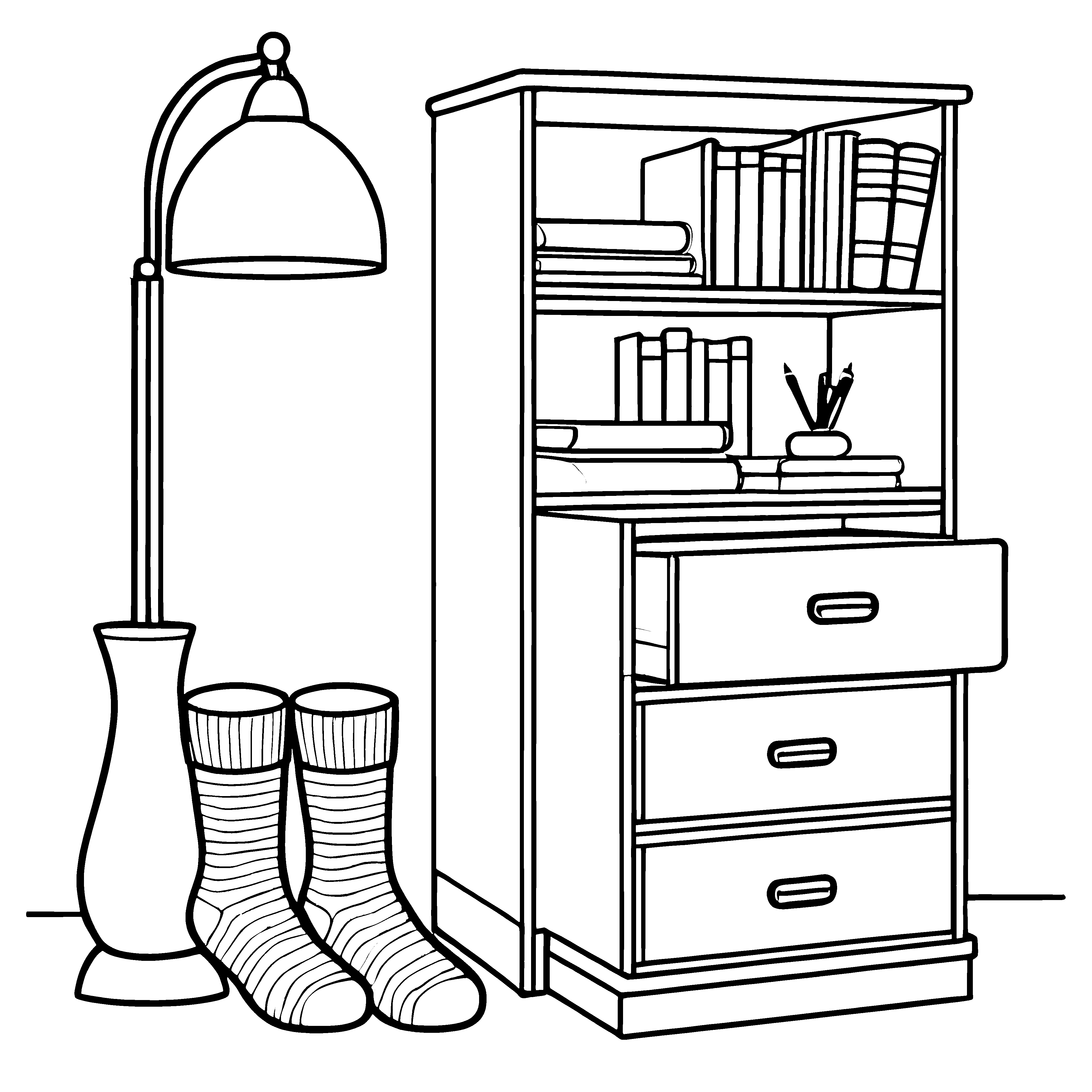 Bezaubernder Schubladenschrank mit bunten Socken Ausmalbild für neugierige Kinder