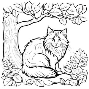 Charmante Norwegische Waldkatze unter grünem Blätterdach Ausmalvorlage für fantasievolle Tierliebhaber
