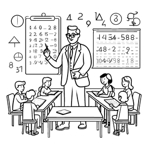 Inspirierender Mathematiker vor der Tafel mit Schülern Ausmalbild für neugierige Wissensjäger