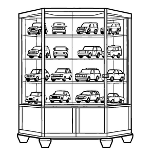 Faszinierendes Modellautoschauspiel in trendiger Vitrine Ausmalbild für kleine Auto-Enthusiasten