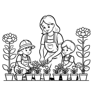 Inspirierende Blumenpflanz-Aktion mit zwei kleinen Helfern Ausmalbild für neugierige Naturentdecker