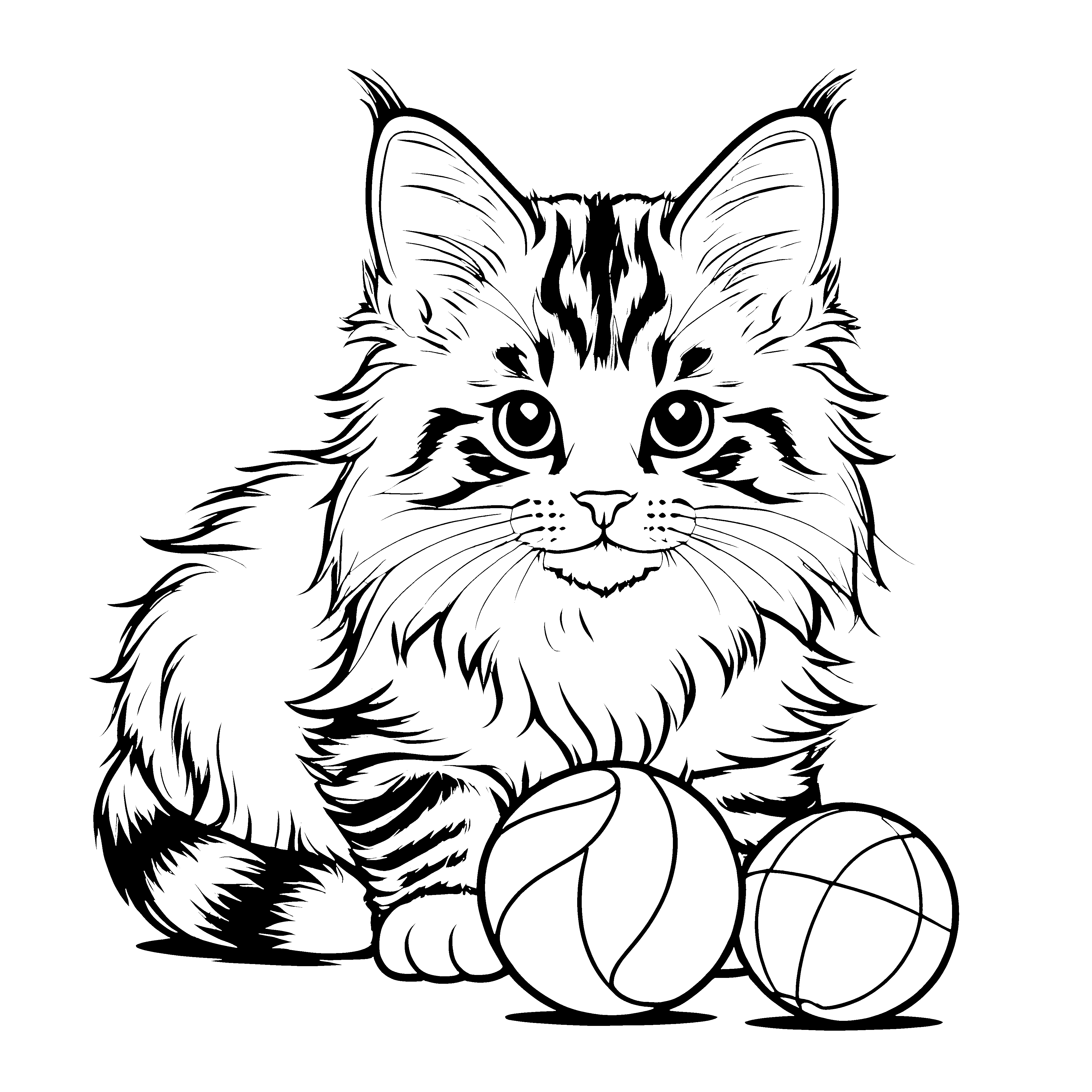 Schwarze und weiße Maine Coon Katze neben zwei Ballen Ausmalbild für kleine Spielefreaks