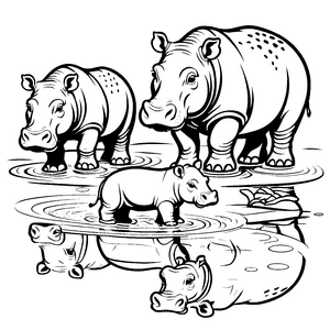 Drei fröhliche Nilpferdbabys im Wasser Ausmalbild für kleine Wasserfreunde