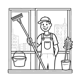 Fröhlicher Fensterputzer mit Besen und Eimer Ausmalvorlage für neugierige Kinder