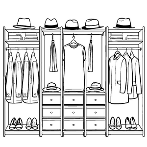 Kleiderschrank mit drei Hütchen und zwei Schuhen Ausmalbild für kreative Köpfe