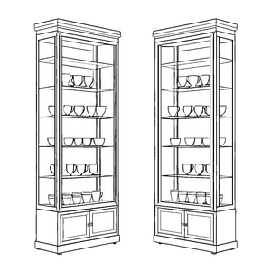 Gemütliche Vitrine mit bunten Tassen und Schalen Ausmalvorlage für kleine Küchenchefs