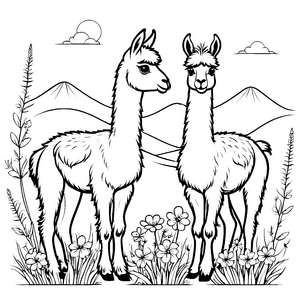 Verspielte Lamas im Blumenfeld Ausmalvorlage für junge Kreativlinge