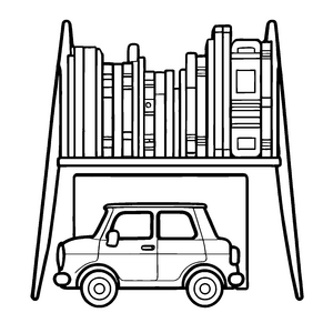 Witziger Bücherschrank mit einem kleinen Auto darunter Ausmalvorlage für fantasievolle Abenteurer