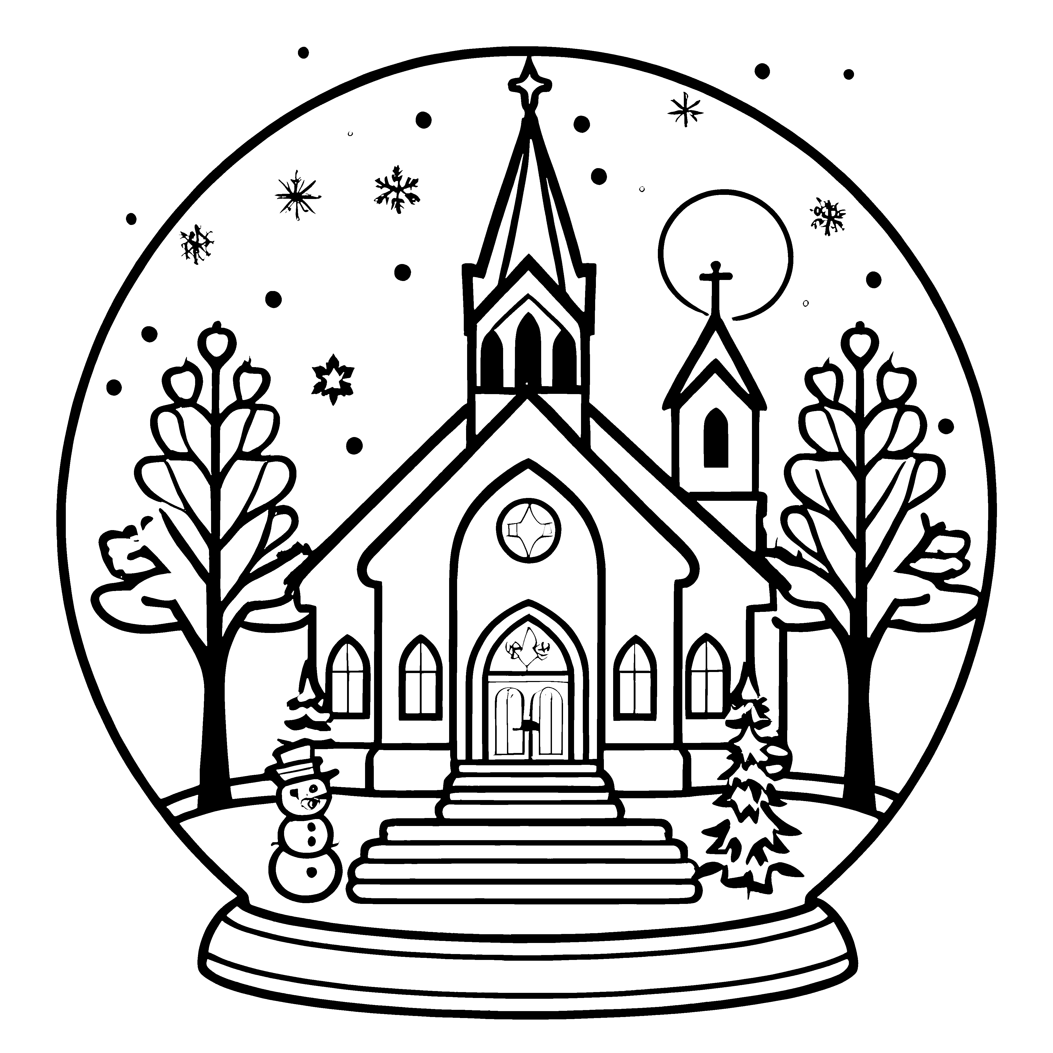 Wundervolle Schneekugel mit märchenhaftem Kirchenbild und Schneemännern Malvorlage für fantasievolle Winterträumer