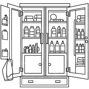 Vielfältiger Medizinschrank mit magischen Flaschen Ausmalmotiv für kleine Heilkunst-Zauberer