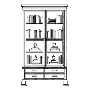 Antike Vitrine mit vielen faszinierenden Büchern Ausmalbild für neugierige Geschichtenerzähler