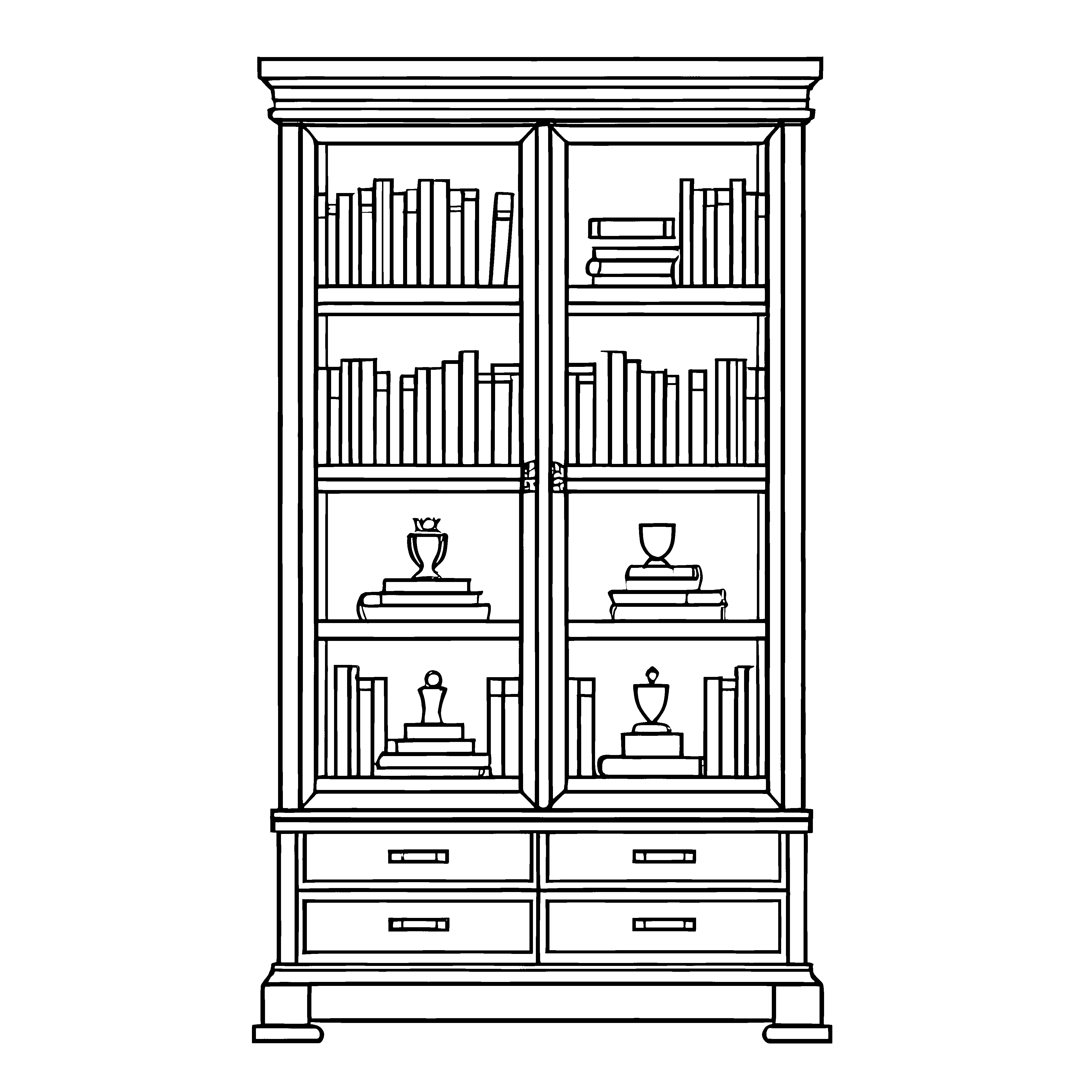 Antike Vitrine mit vielen faszinierenden Büchern Ausmalbild für neugierige Geschichtenerzähler