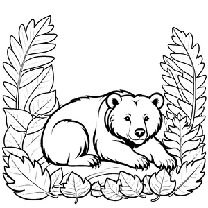 Bär auf einem Blätterbett Ausmalbild für neugierige Tierfreunde