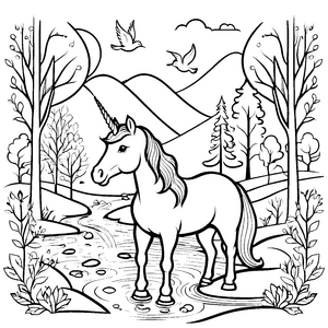 Majestätisches Einhorn am glitzernden Bachlauf Ausmalvorlage für magische Entdecker und kreative Farbträumer