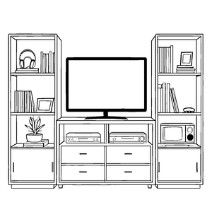 Bezaubernder TV-Schrank mit Pflanzen und Bücherregalen Ausmalbild für neugierige Raumgestalter