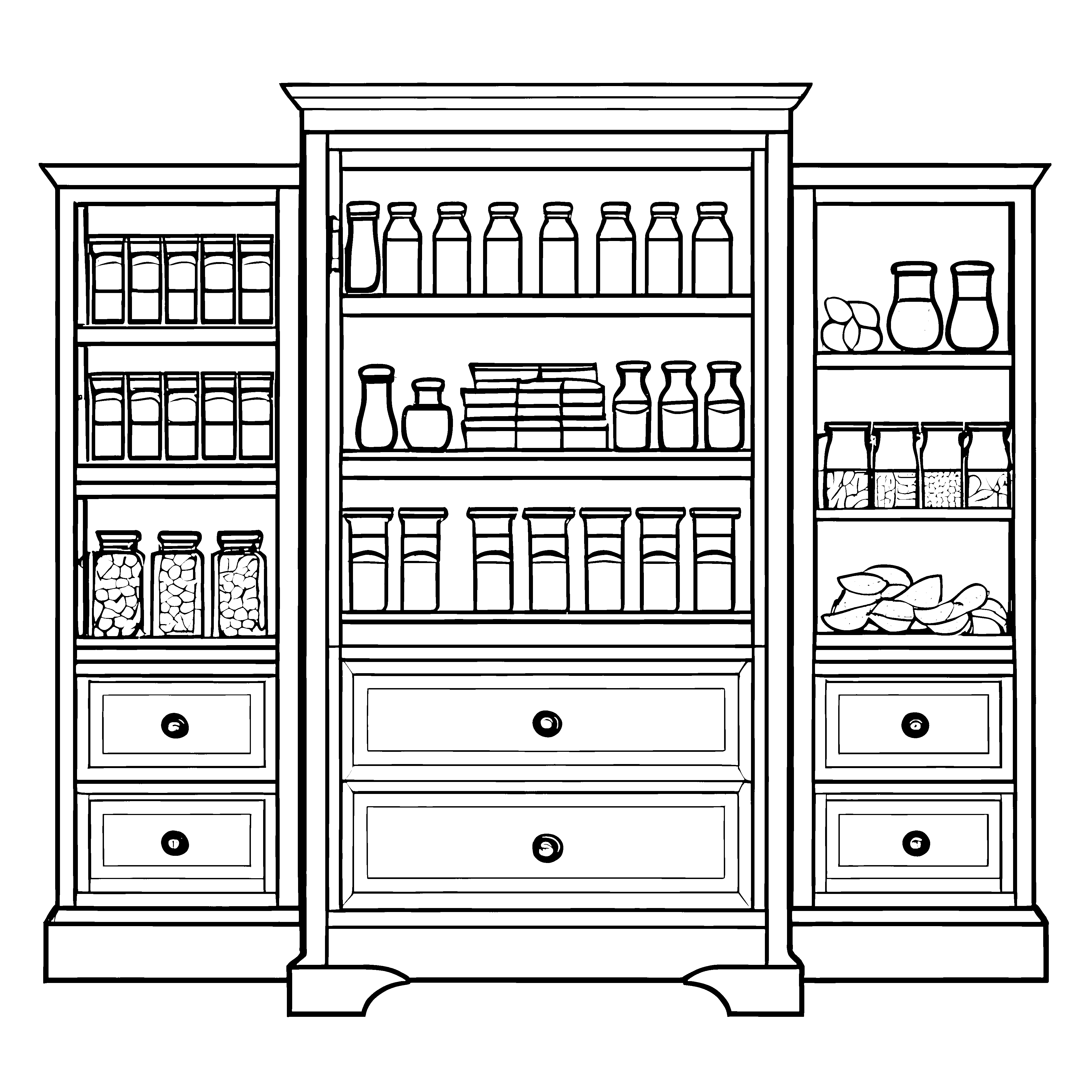 Beeindruckender Apothekerschrank mit bunten Fläschchen Ausmalbild für kleine Alchemisten