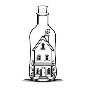 Faszinierende Flasche mit bezauberndem Haus und Vögeln Malvorlage für neugierige Entdecker