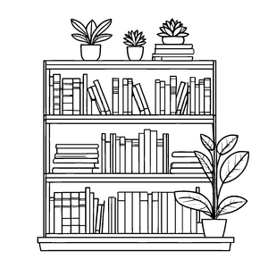 Lebendiger Bücherschrank mit Pflanzen und funkelnden Sternen Ausmalmotiv für neugierige Leseratten