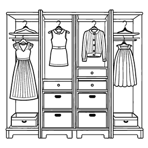 Bezaubernder Kleiderschrank mit bunten Kleidern und Mannequins Malvorlage für modebegeisterte Träumer