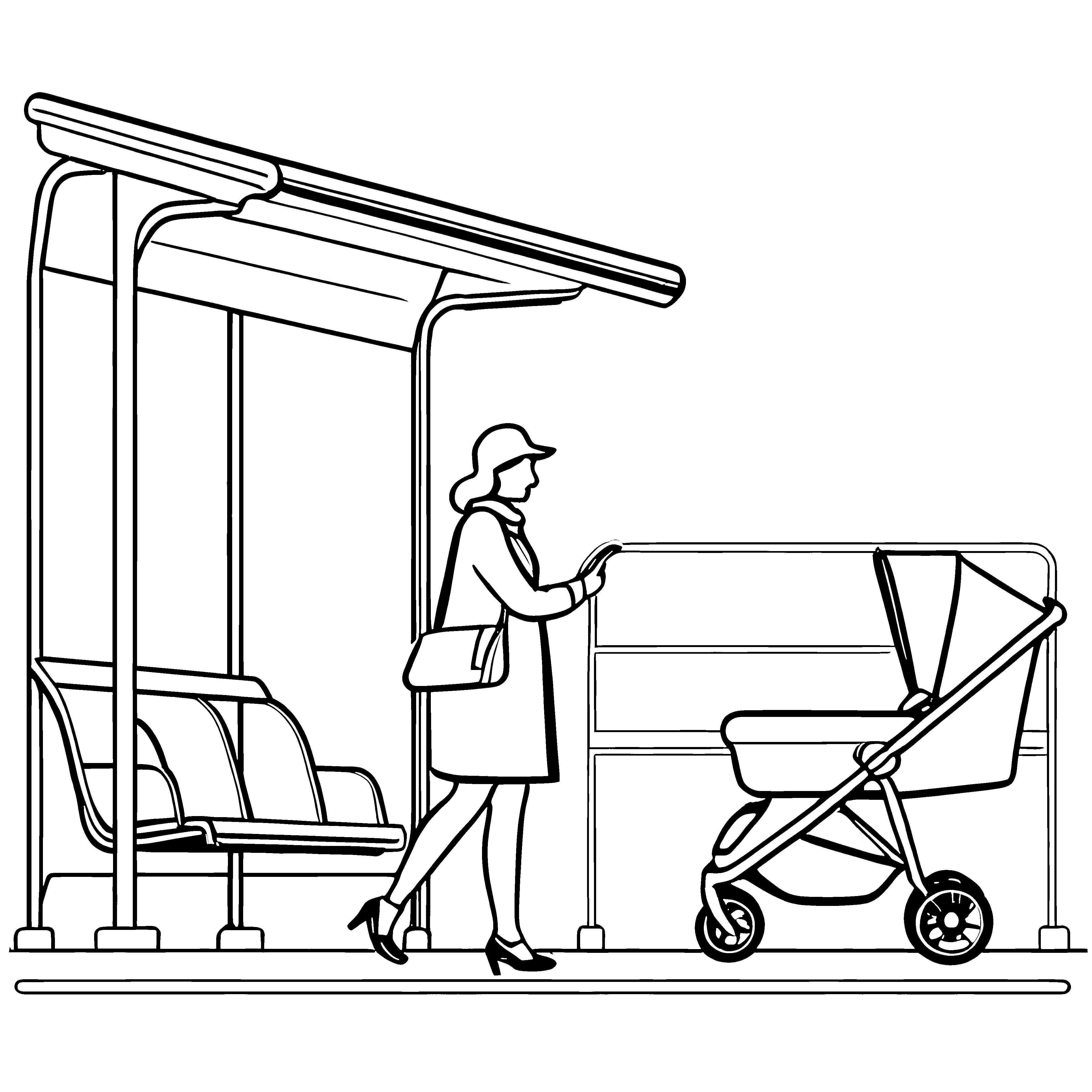 Moderne Frau mit Kinderwagen an Bushaltestelle Malvorlage für kreative Stadtentdecker
