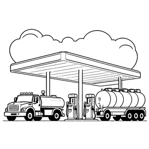 Tanklastwagen an der Tankstelle Ausmalbild für kleine Entdecker