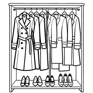 Fantasievoller Kleiderschrank mit bunten Mänteln und Schuhen Ausmalvorlage für modische Künstlerinnen