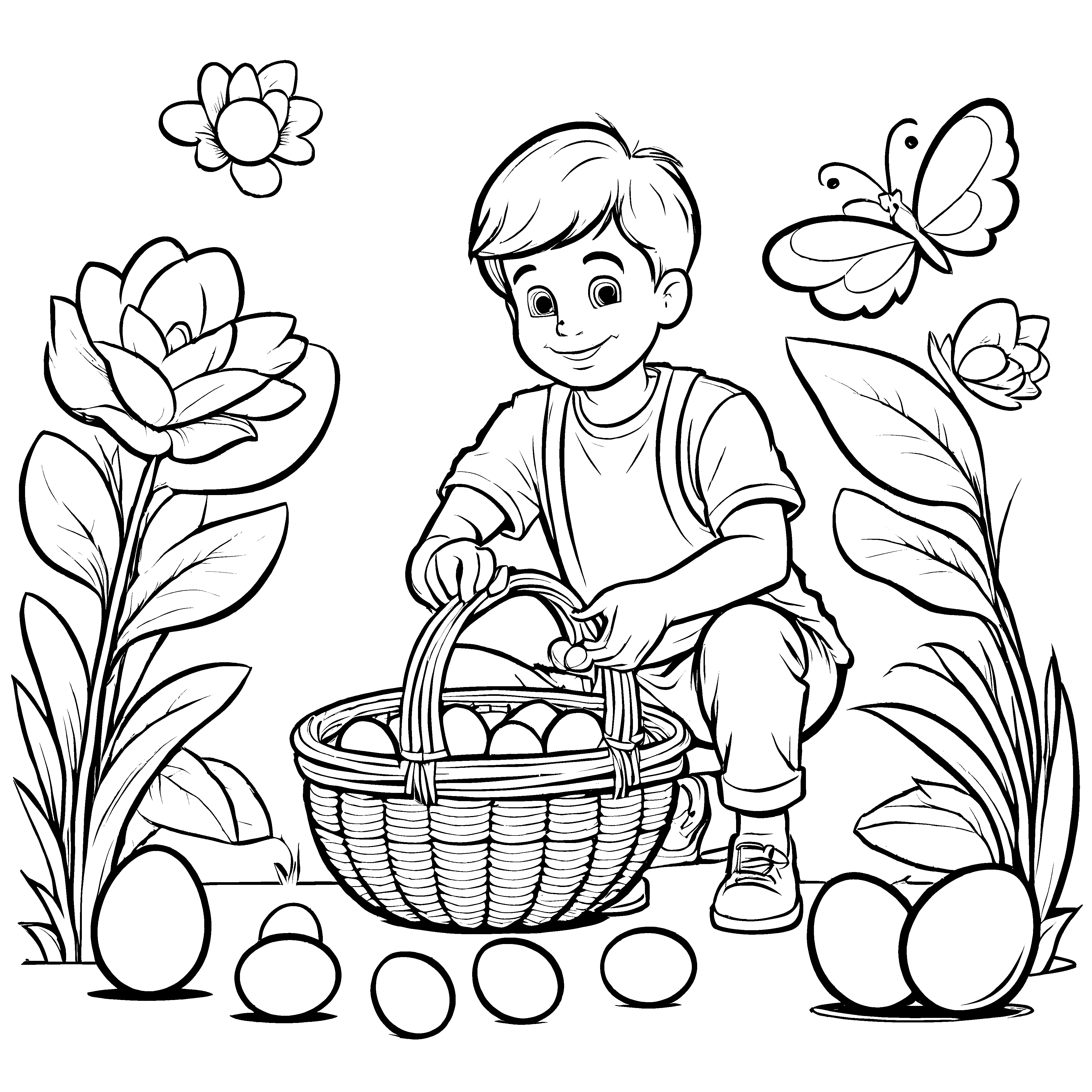 Fröhlicher Junge mit buntem Osterei-Basket Ausmalvorlage für kleine Gartenabenteurer
