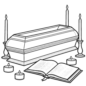 Inspiriertes Sarg-Motiv mit Kerzen und Buch Ausmalbild für neugierige Geisterjäger