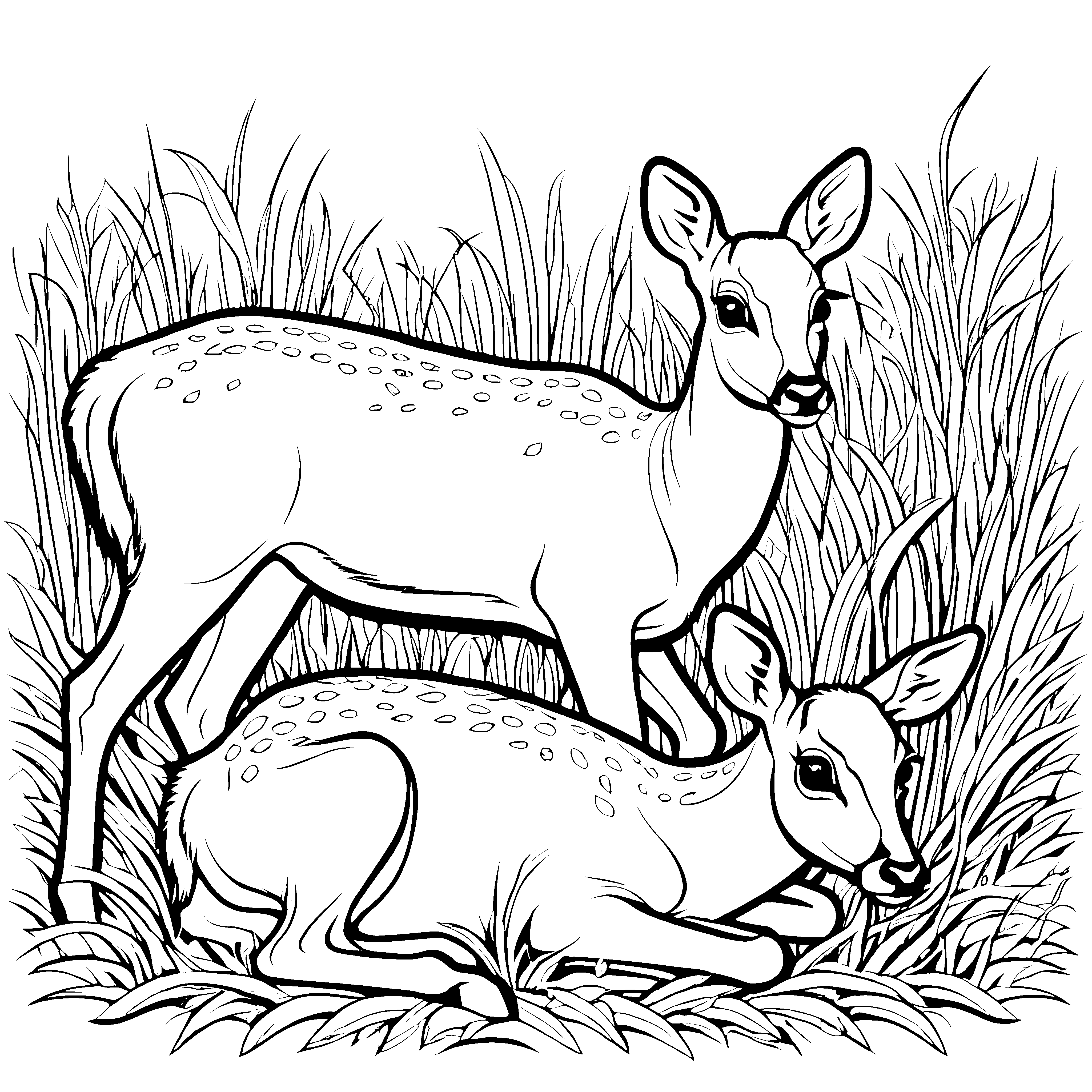 Zwei sanfte Rehkitze im üppigen Gras Ausmalvorlage für kleine Entdecker mit Tierliebe