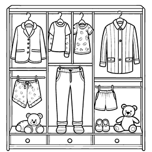 Gemütlicher Kleiderschrank mit treuem Teddybär und Kleidung Ausmalbild für fantasievolle Abenteurer