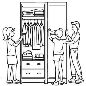 Familie beim Stöbern im bunten Hochschrank Malvorlage für kleine Entdecker