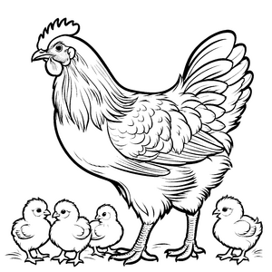 Bezaubernde Hühner-Mama mit sechs frechen Küken Ausmalvorlage für kleine Tierliebhaber