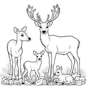 Charmante Rentierfamilie mit spielenden Kälbern Ausmalbild für abenteuerlustige Naturentdecker