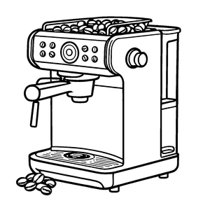 Kreative Kaffeemaschine mit sprudelnden Bohnen Ausmalbild für fröhliche Kaffeegenießer