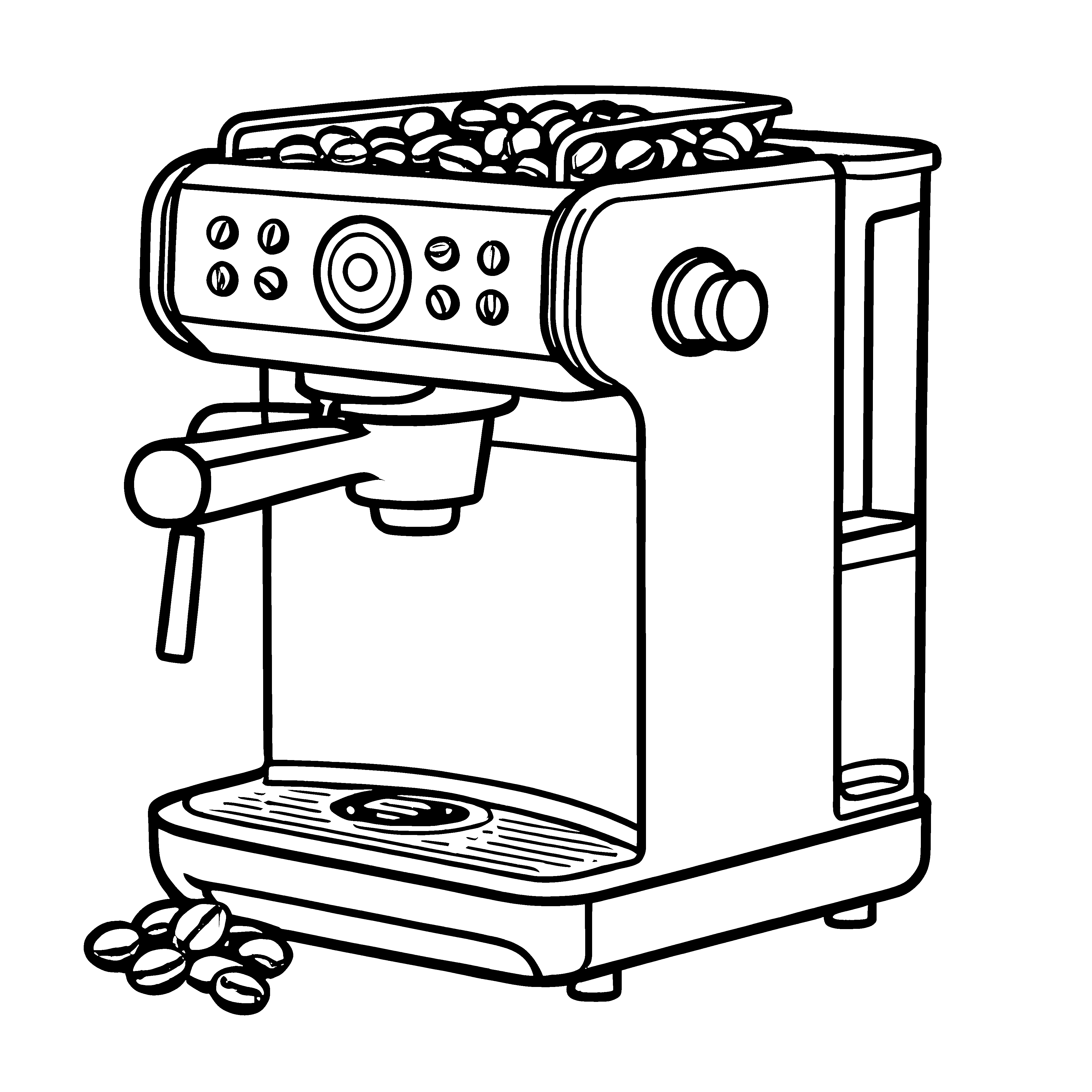 Kreative Kaffeemaschine mit sprudelnden Bohnen Ausmalbild für fröhliche Kaffeegenießer