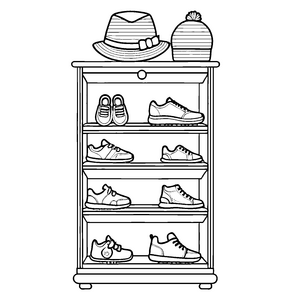 Faszinierender Kleiderschrank mit stylischen Schuhen und Hut Ausmalbild für kleine Modeentdecker