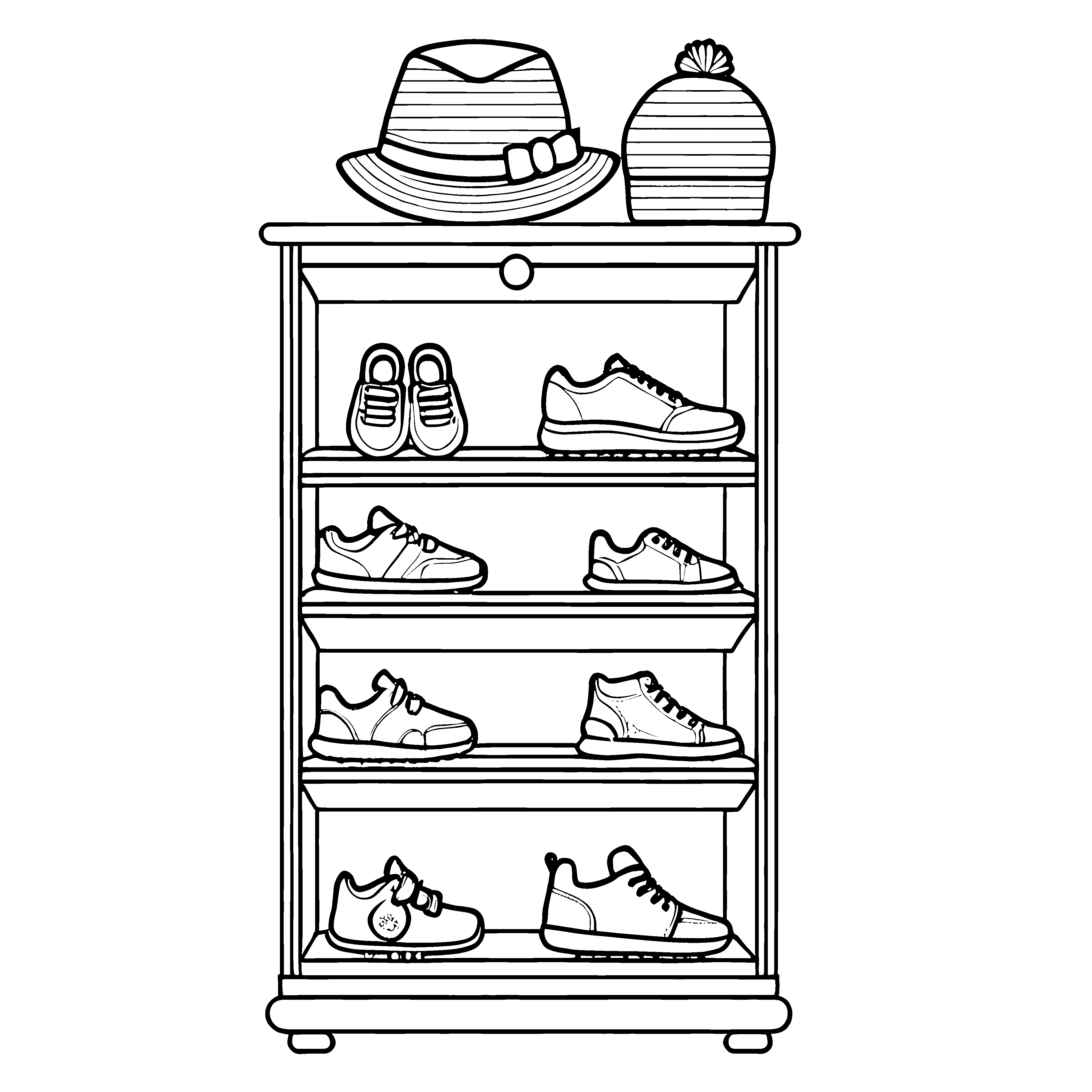Faszinierender Kleiderschrank mit stylischen Schuhen und Hut Ausmalbild für kleine Modeentdecker
