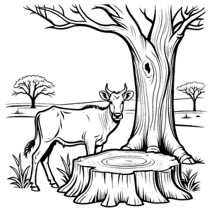 Süßes Gnu-Jungtier neben einem Baumstumpf Malvorlage für neugierige Tierforscher