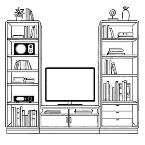 Moderne TV-Schränke mit vielen Büchern Malvorlage für neugierige Kids